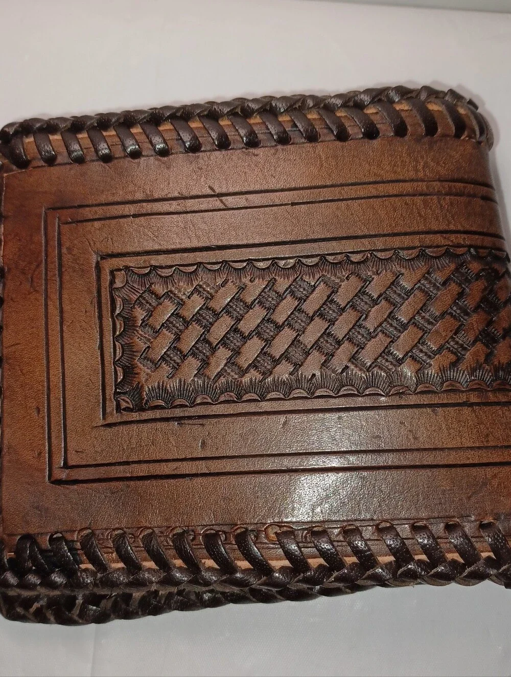 Brown Leather Men’s Wallet - Hand-Tooled Bifold.  MYRON  Embossed On Front